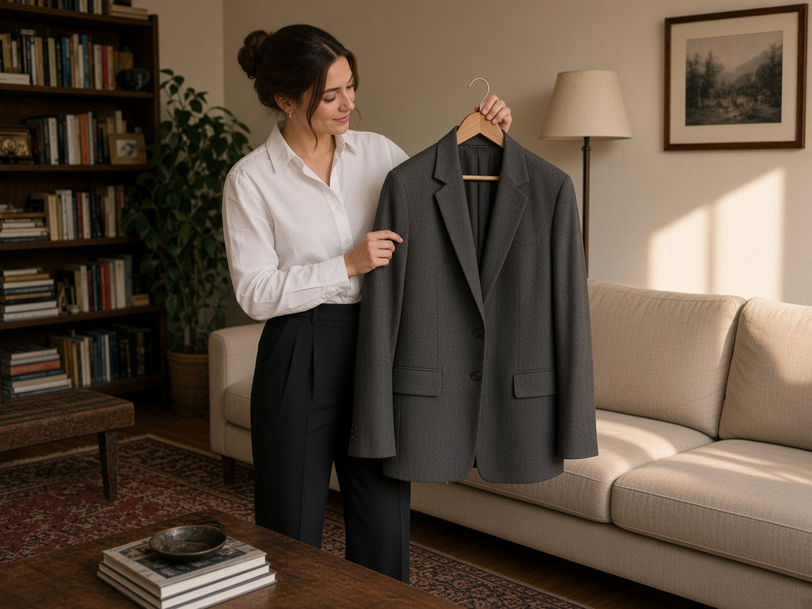 A woman holding a blazer on a hanger in an apartment