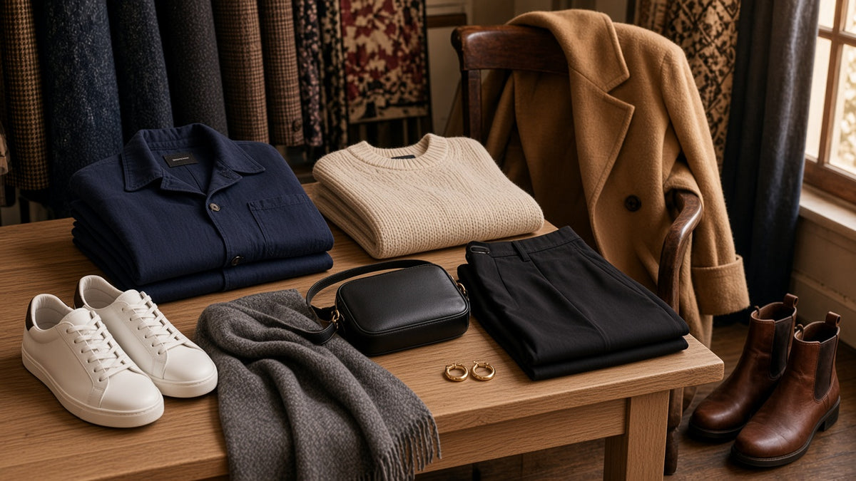Folded clothes, shoes, and a bag on a wood table