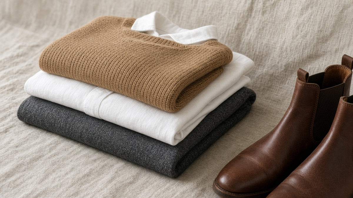 A stack of folded knits beside brown boots
